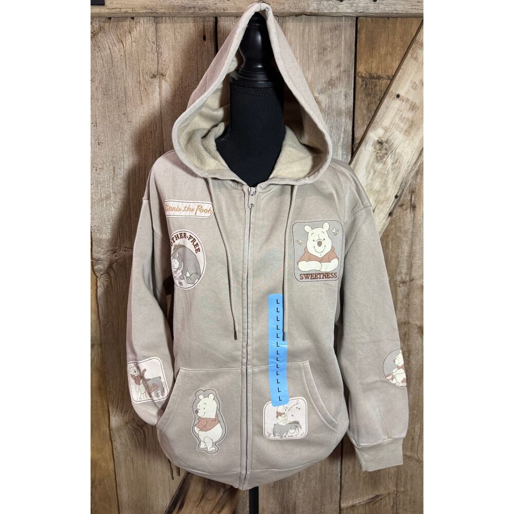 Disney Winnie the Pooh Multi-Patch Women's Full Zip Hoodie Sz L Large Cream NWT